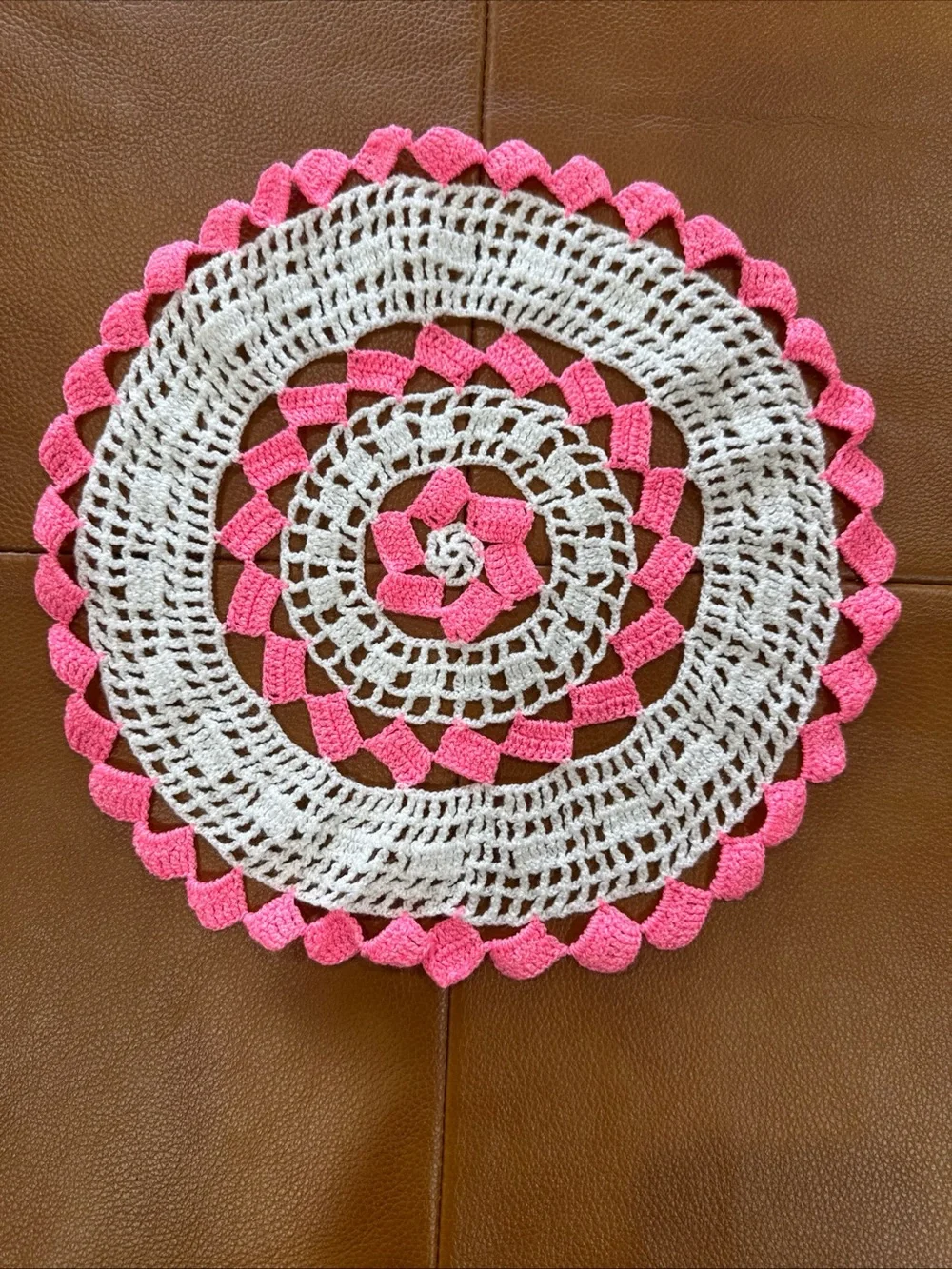 VTG Crochet Doily Lot of 3 Pink White Handmade Round Square Cottagecore Decor